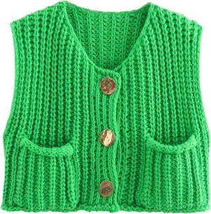 Arssm Women Button Down Sweater Vest Sleeveless Crop Knit Cardigan Cropped Knitted Sweater Vest with Pockets