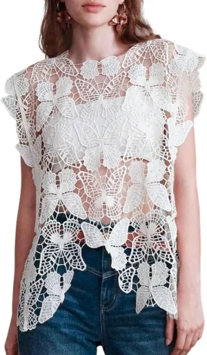 Arssm Womens Hollow Out Floral Lace Vest Crewneck See Through Tank Top Loose Fit Summer Crochet Cover Up