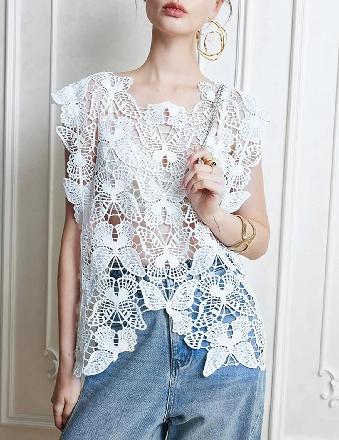 Arssm Womens Hollow Out Floral Lace Vest Crewneck See Through Tank Top Loose Fit Summer Crochet Cover Up
