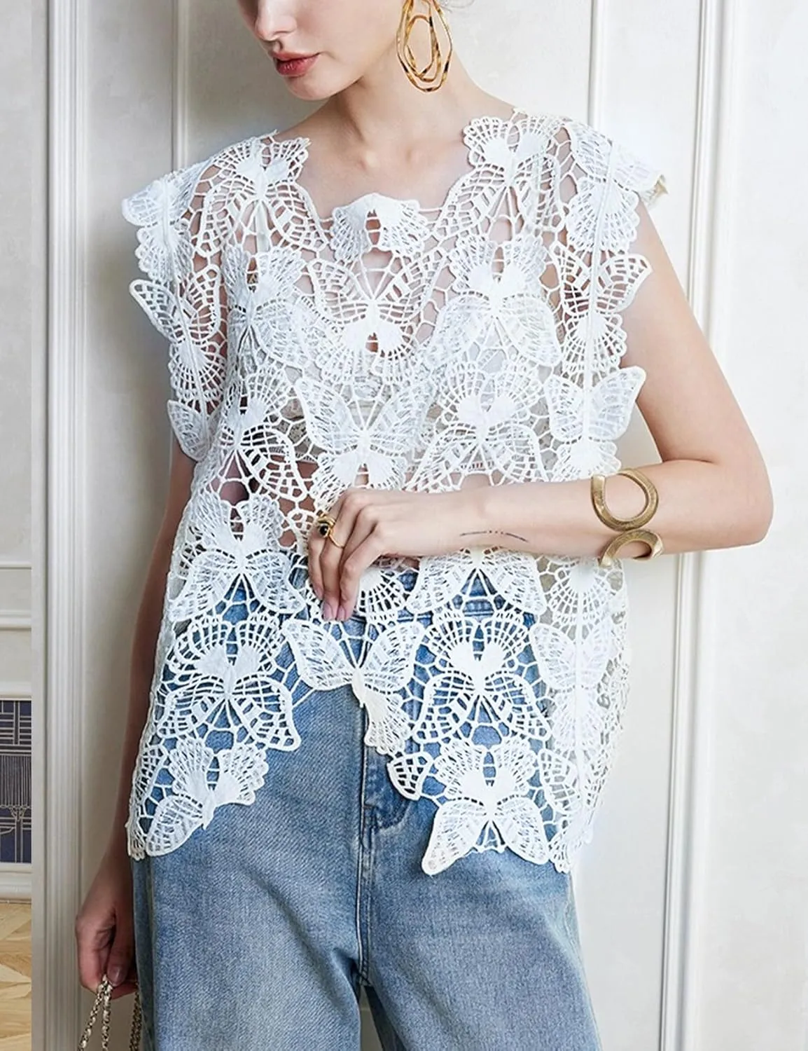 Arssm Womens Hollow Out Floral Lace Vest Crewneck See Through Tank Top Loose Fit Summer Crochet Cover Up