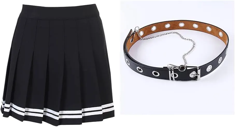 AULKEEP Womens Black Mini Pleated Skirts Goth High Waist A Line Punk Skirt School Uniform Short Skirts with Belt