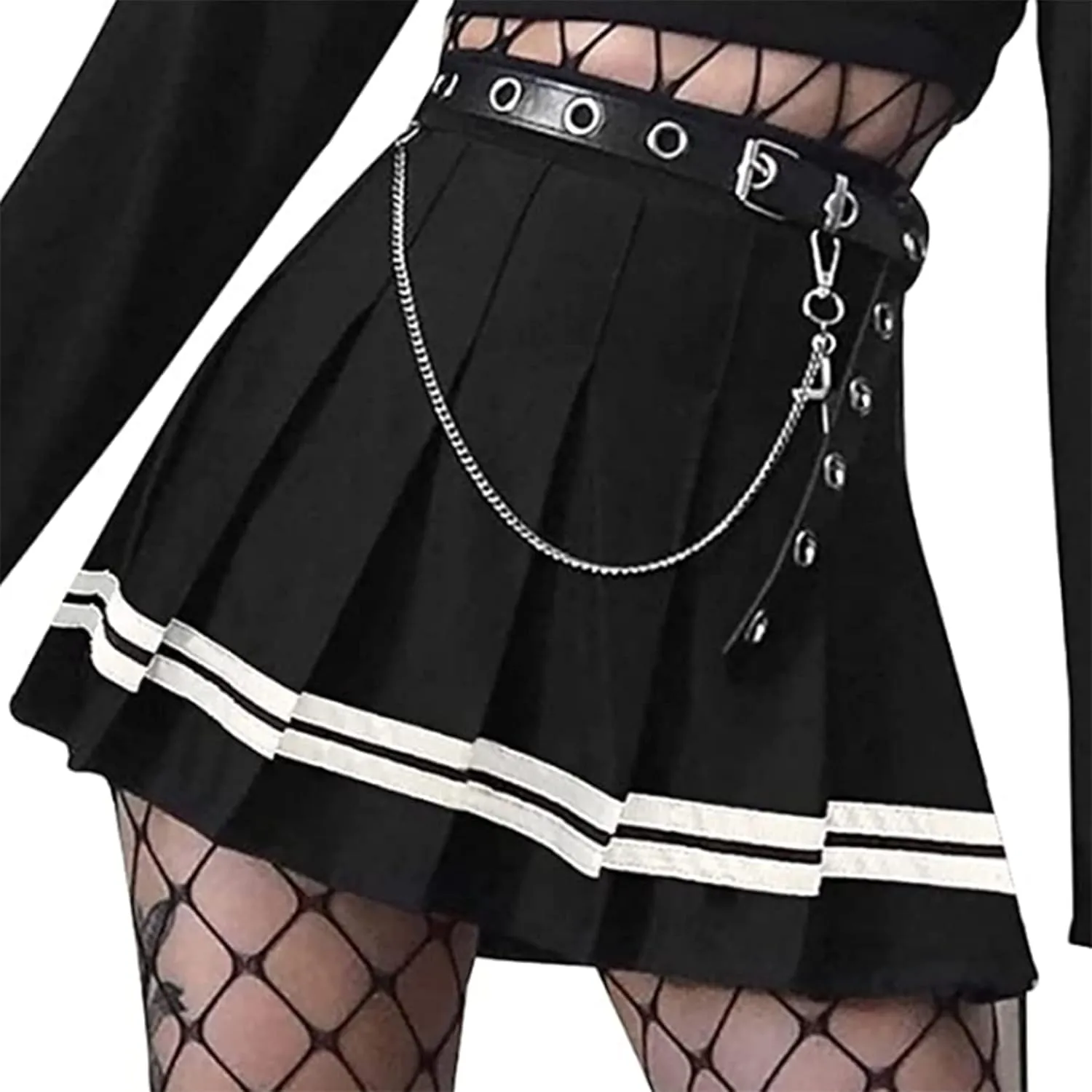 AULKEEP Womens Black Mini Pleated Skirts Goth High Waist A Line Punk Skirt School Uniform Short Skirts with Belt