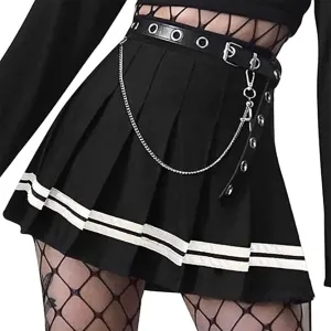 AULKEEP Womens Black Mini Pleated Skirts Goth High Waist A Line Punk Skirt School Uniform Short Skirts with Belt