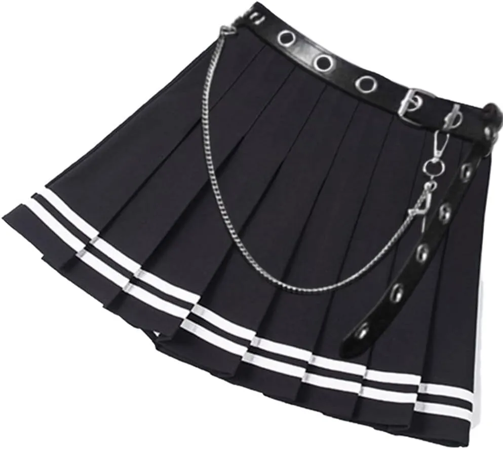 AULKEEP Womens Black Mini Pleated Skirts Goth High Waist A Line Punk Skirt School Uniform Short Skirts with Belt