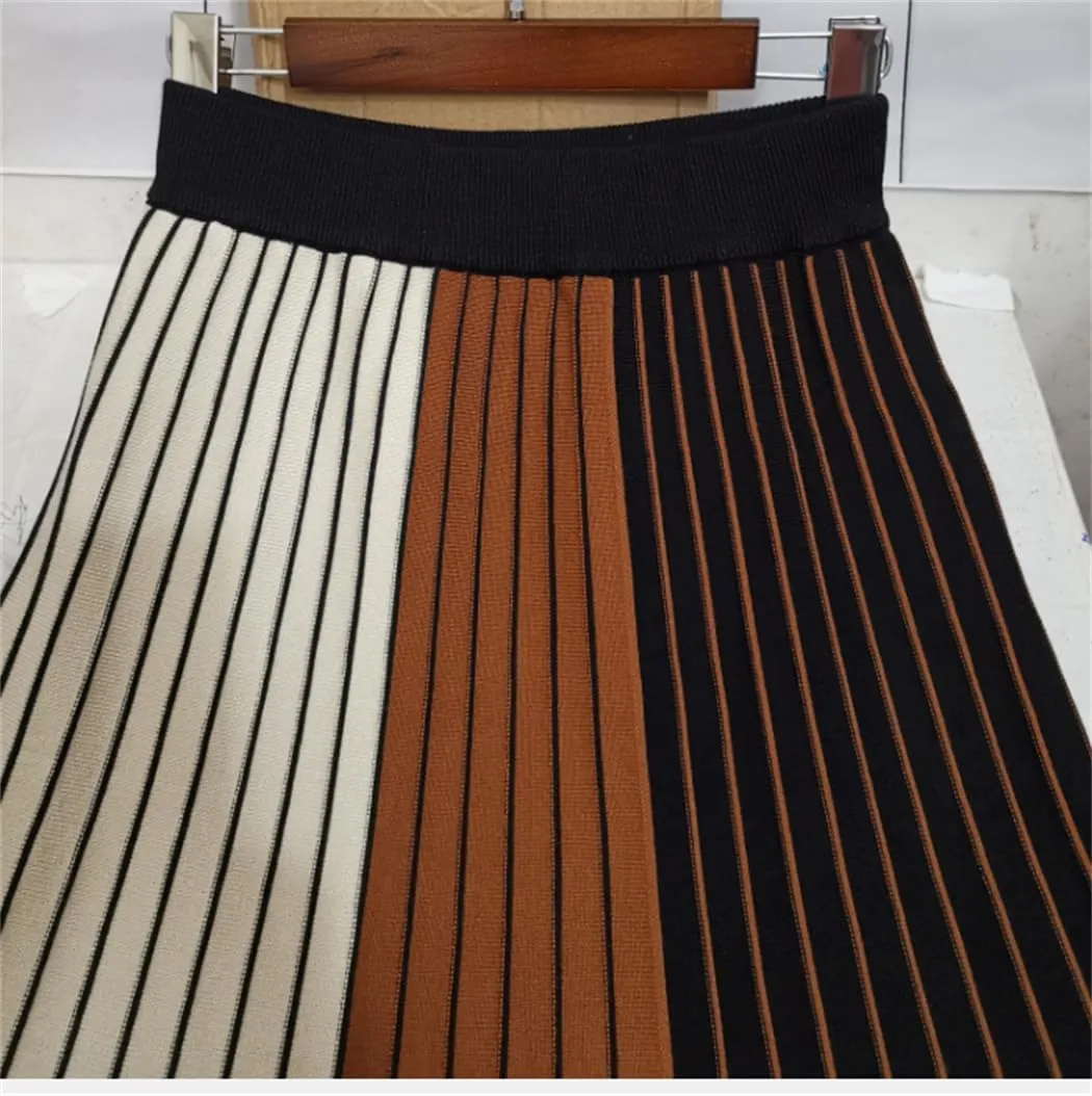 Autumn Winter Knitting Skirt High Waist Long Pencil Skirt Women Knitted Maxi Skirt Warm Thick Midi Stripe Skirt