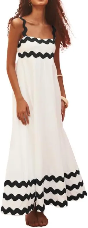 BAIMORE Women's Casual Summer Square Neck Spaghetti Strap Striped Sundress Beach Maxi Dress