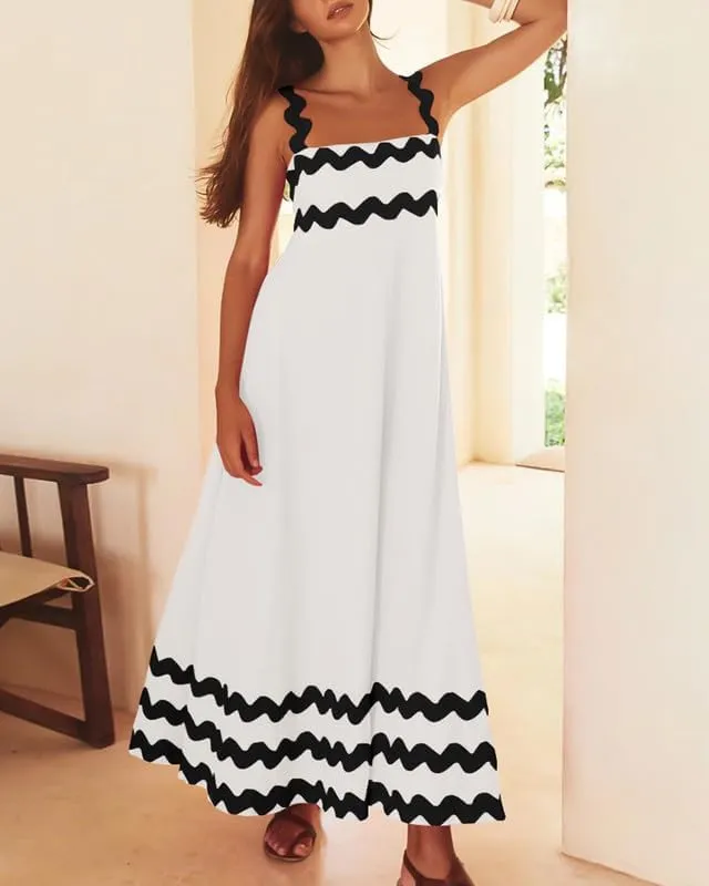BAIMORE Women's Casual Summer Square Neck Spaghetti Strap Striped Sundress Beach Maxi Dress