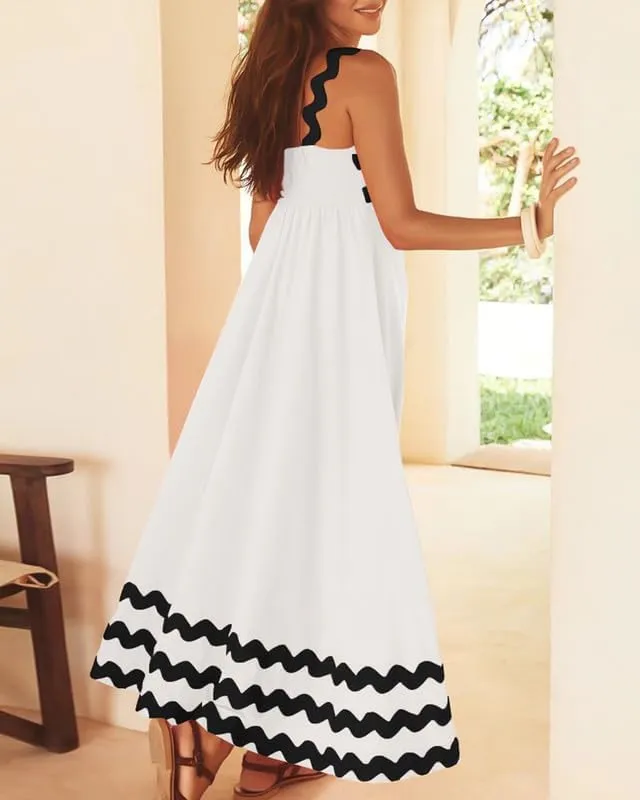 BAIMORE Women's Casual Summer Square Neck Spaghetti Strap Striped Sundress Beach Maxi Dress