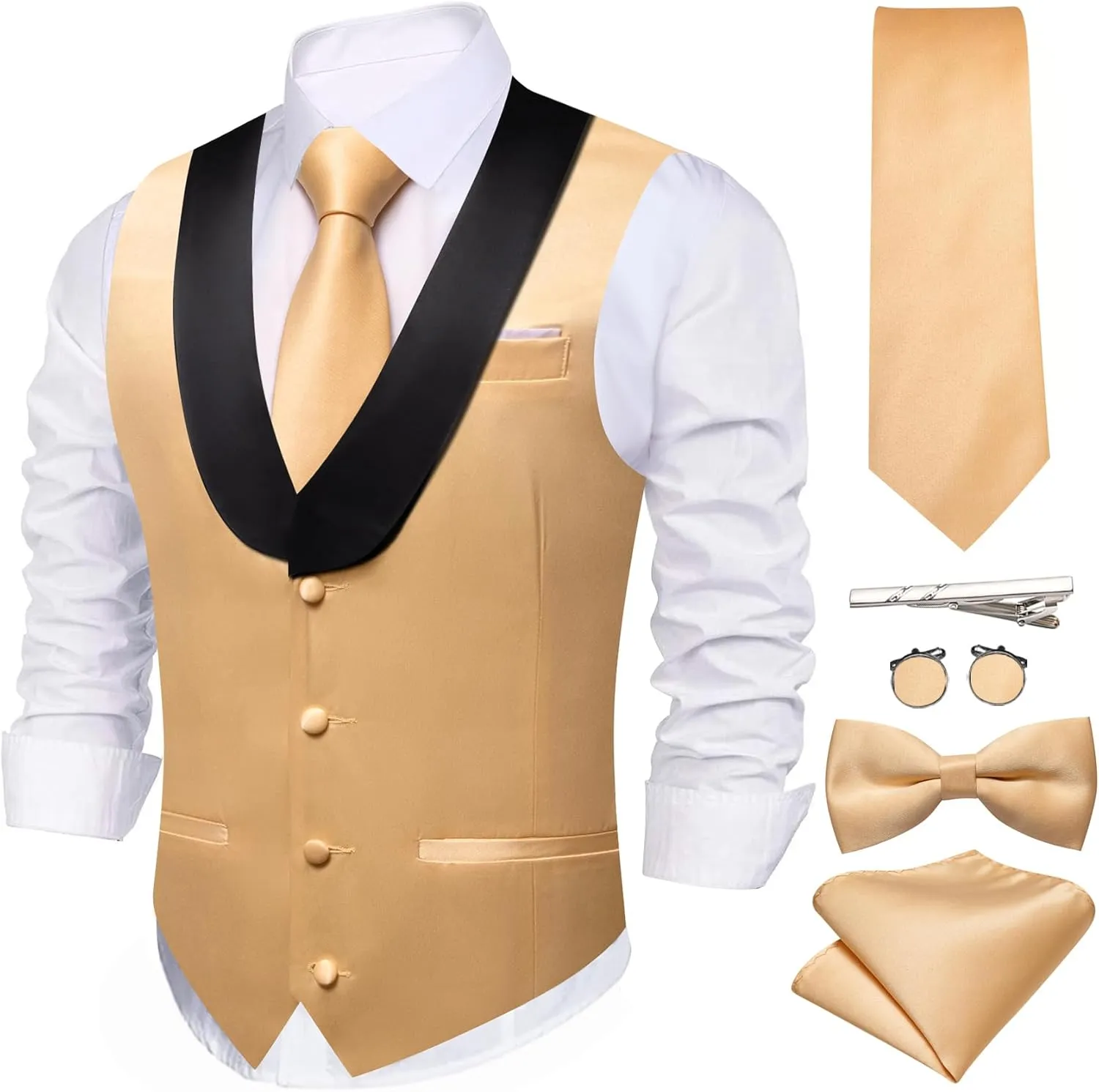 Barry.Wang Mens Formal Suit Vest Casual Business Waistcoat Tie Bowtie Set Shawl Collar Slim Fit Vest Wedding Party