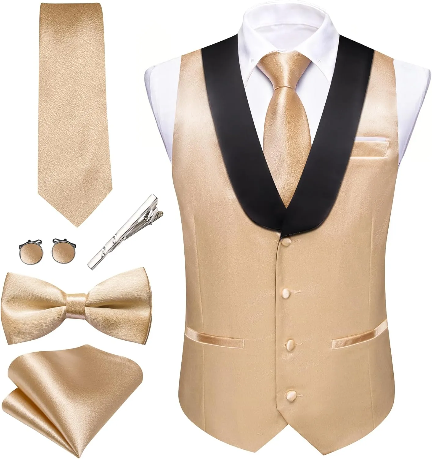 Barry.Wang Mens Formal Suit Vest Casual Business Waistcoat Tie Bowtie Set Shawl Collar Slim Fit Vest Wedding Party