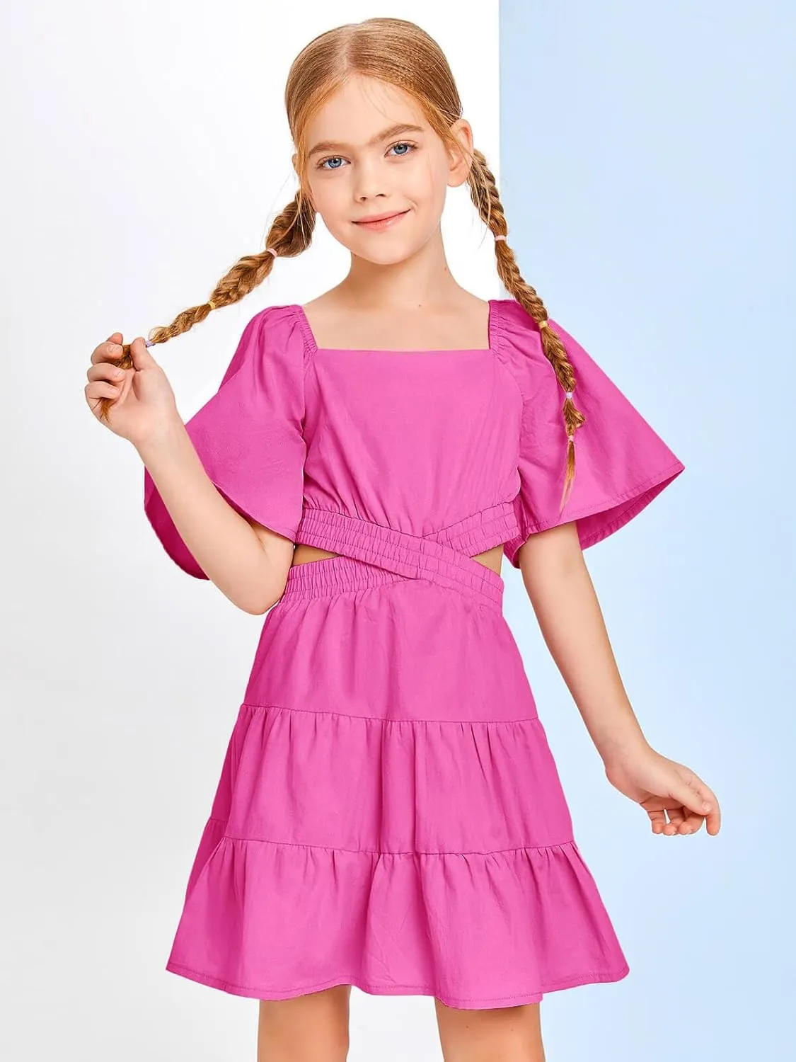 Batermoon Girls Summer Dress Square Neck Short Sleeve Crossover Waist Casual A-line Mini Dress