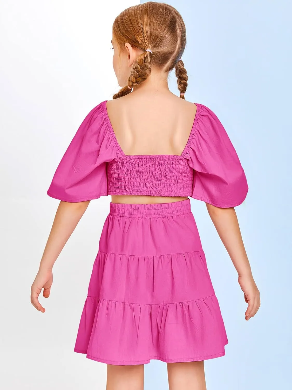Batermoon Girls Summer Dress Square Neck Short Sleeve Crossover Waist Casual A-line Mini Dress