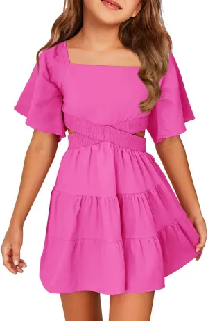 Batermoon Girls Summer Dress Square Neck Short Sleeve Crossover Waist Casual A-line Mini Dress