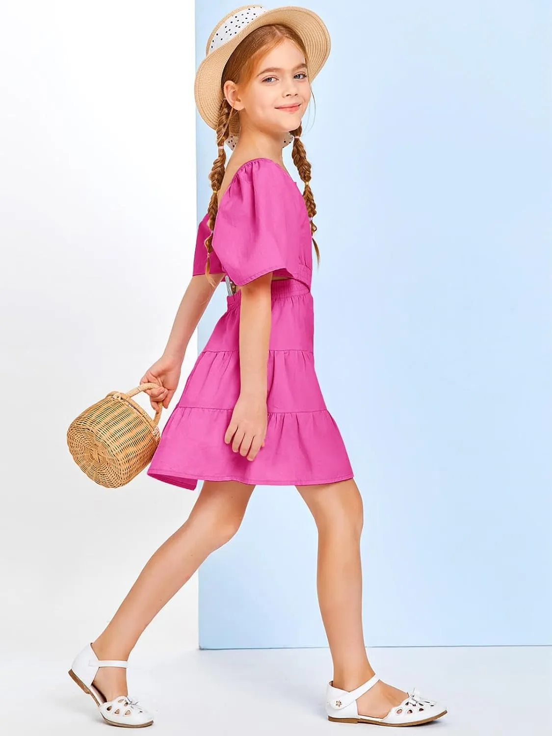 Batermoon Girls Summer Dress Square Neck Short Sleeve Crossover Waist Casual A-line Mini Dress