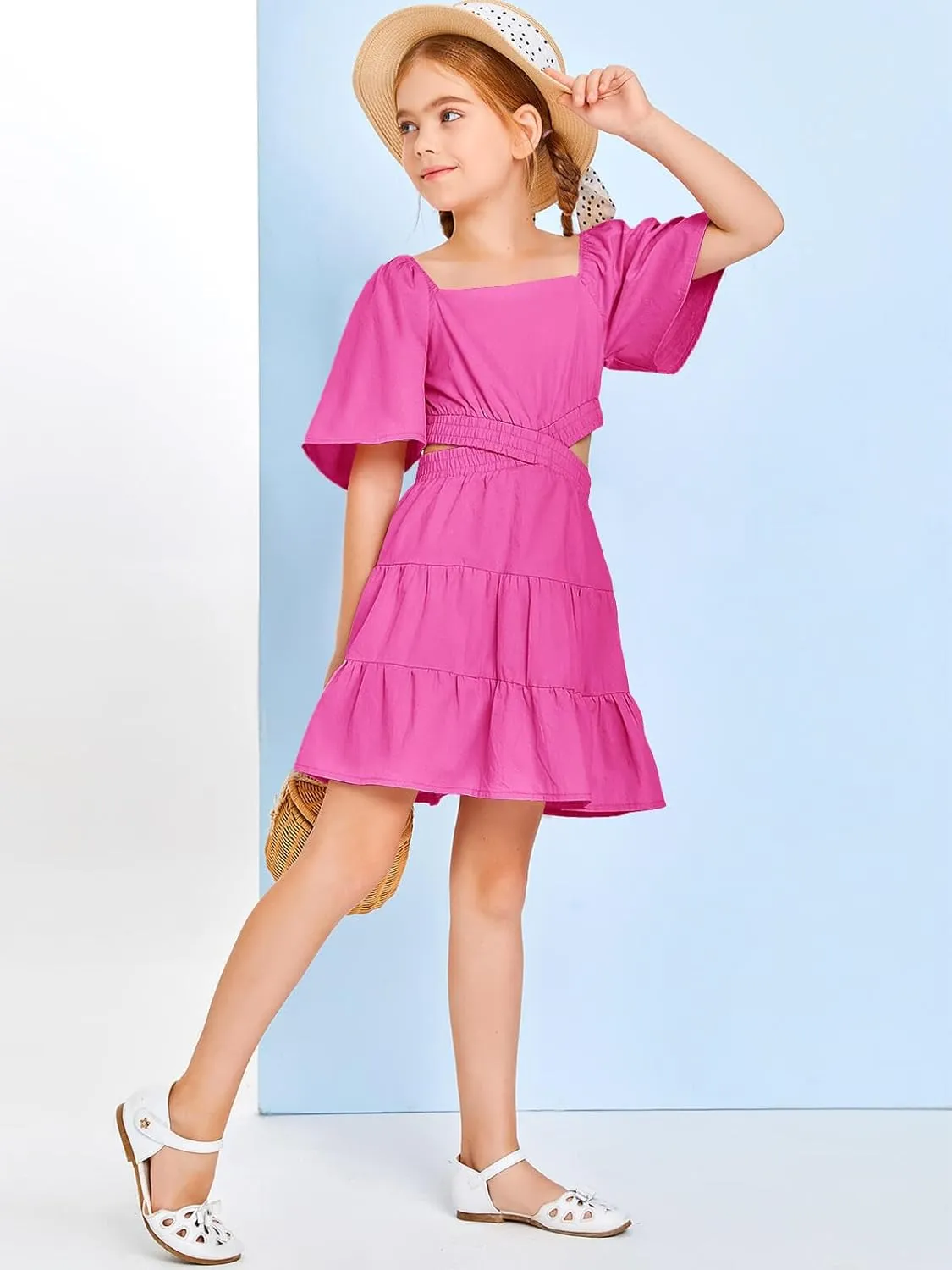 Batermoon Girls Summer Dress Square Neck Short Sleeve Crossover Waist Casual A-line Mini Dress