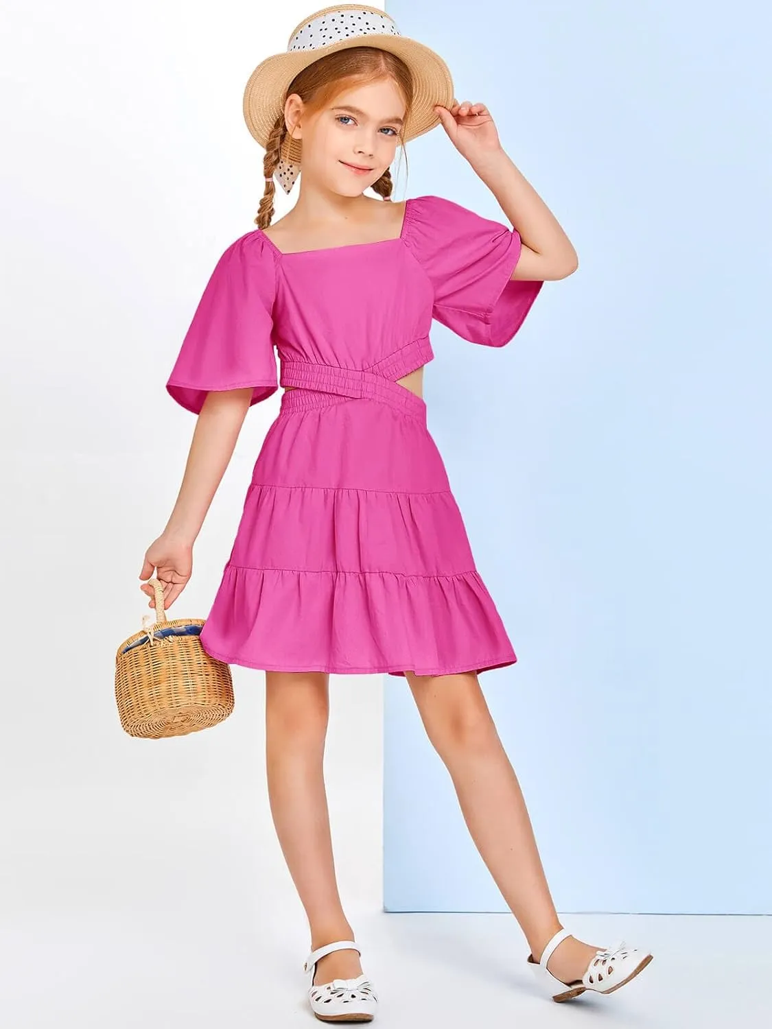 Batermoon Girls Summer Dress Square Neck Short Sleeve Crossover Waist Casual A-line Mini Dress