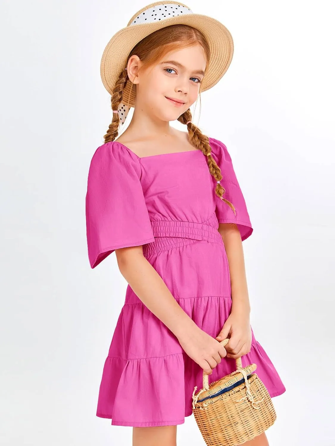 Batermoon Girls Summer Dress Square Neck Short Sleeve Crossover Waist Casual A-line Mini Dress