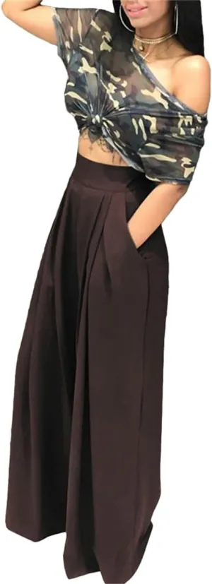 BFFBABY Womens Casual Palazzo Pants High Waist Printed Ruched Loose Flowy Lounge Wide Leg Pants (M-3XL)