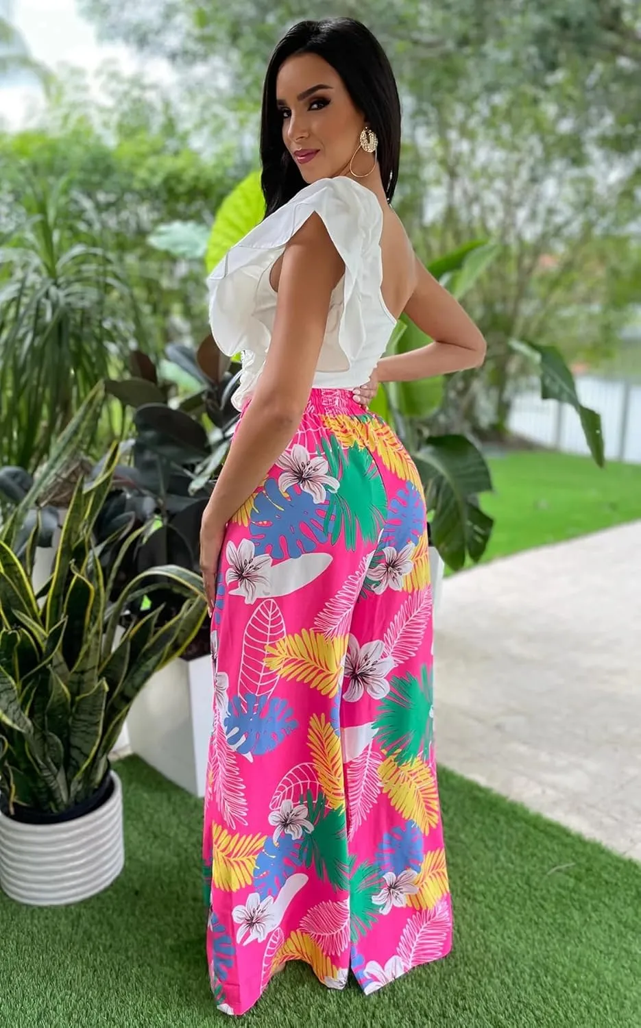 BFFBABY Womens Casual Palazzo Pants High Waist Printed Ruched Loose Flowy Lounge Wide Leg Pants (M-3XL)