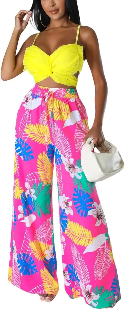 BFFBABY Womens Casual Palazzo Pants High Waist Printed Ruched Loose Flowy Lounge Wide Leg Pants (M-3XL)
