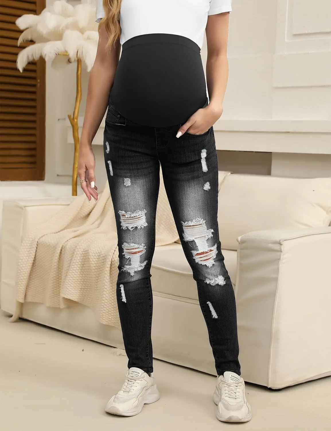 BISUAL Maternity Jeans Over The Belly Slim Stretch Maternity Pants Casual Maternity Work Pants
