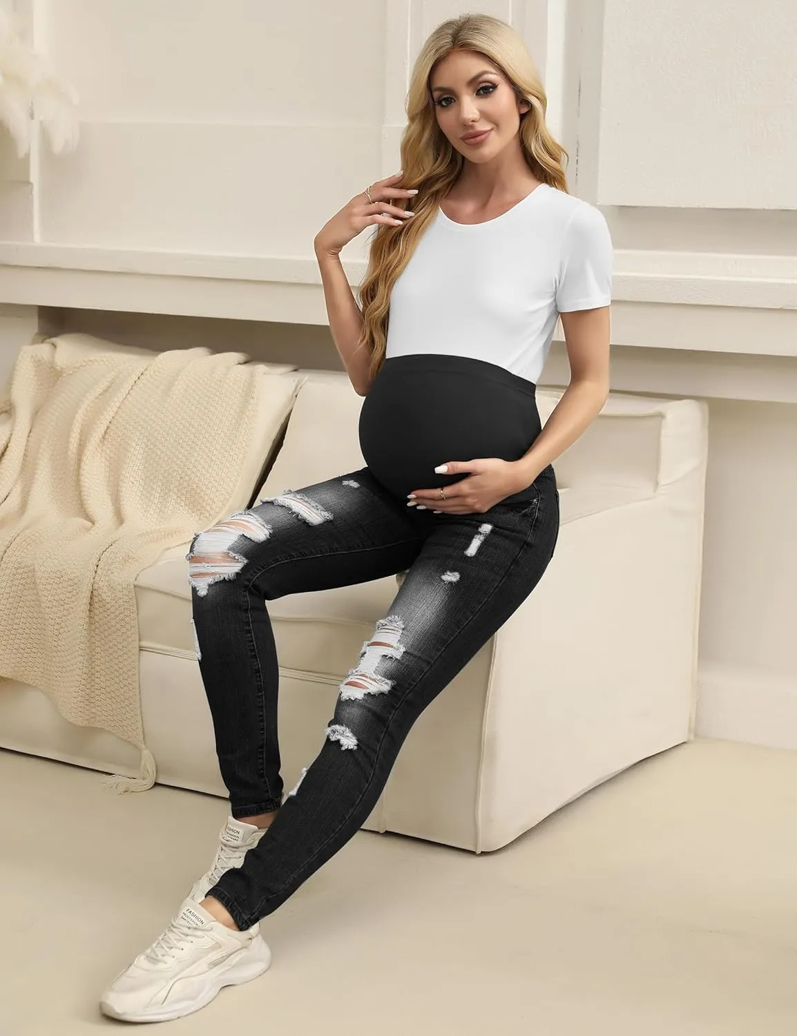 BISUAL Maternity Jeans Over The Belly Slim Stretch Maternity Pants Casual Maternity Work Pants