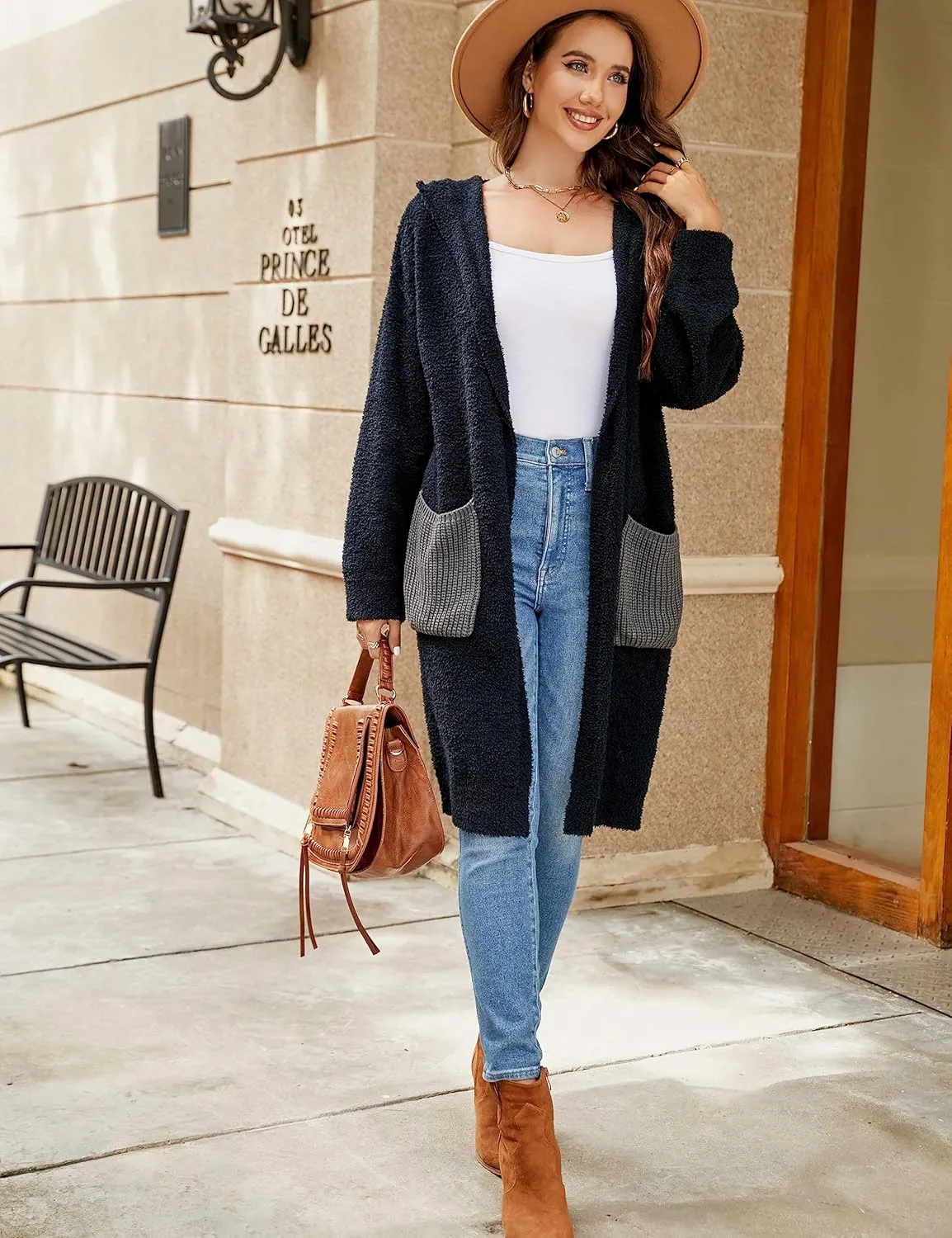 BMJL Womens Fall/Winter Cardigans Hooded Cable Knit Sweaters Oversized Open Front Coats with Pockets 2023