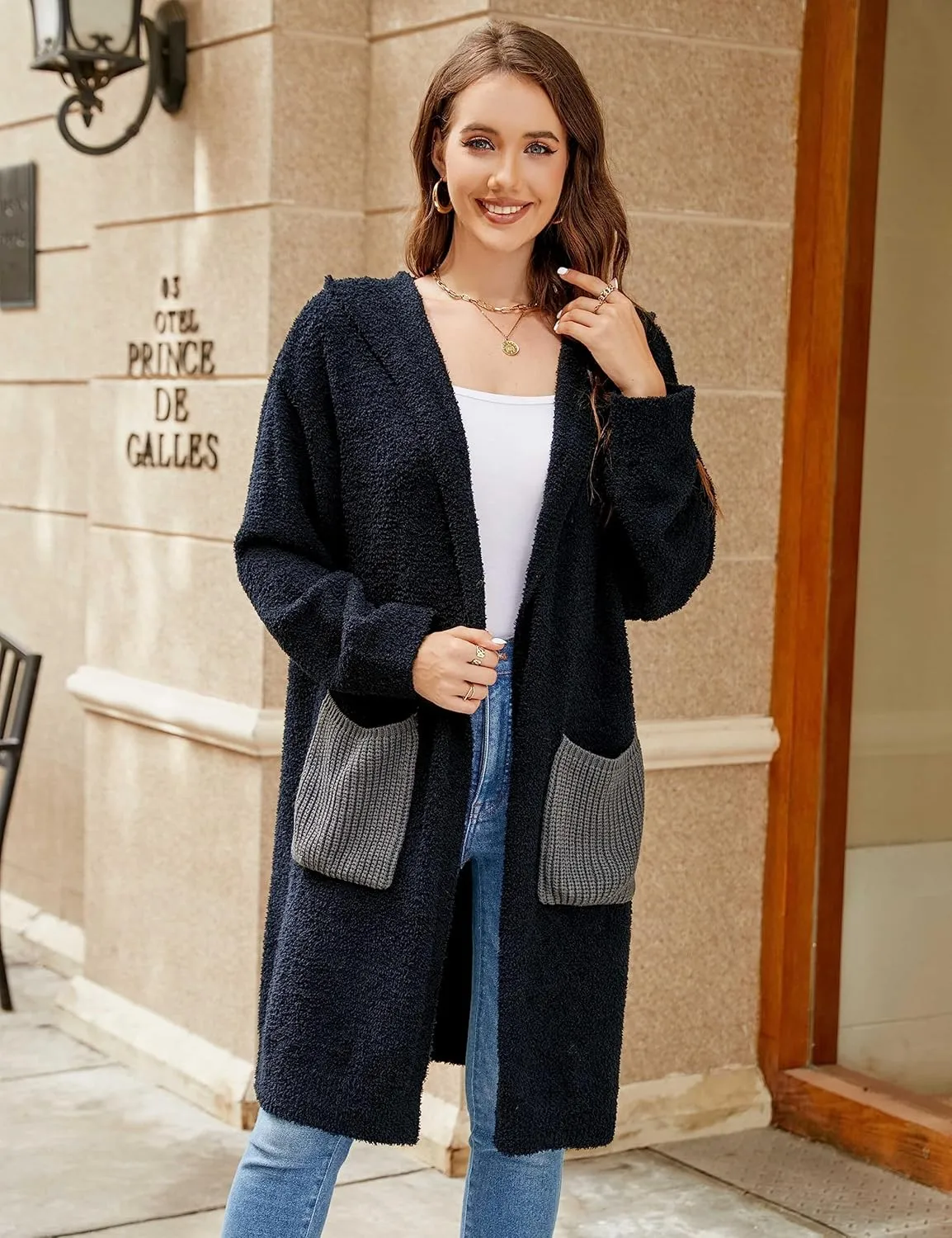 BMJL Womens Fall/Winter Cardigans Hooded Cable Knit Sweaters Oversized Open Front Coats with Pockets 2023