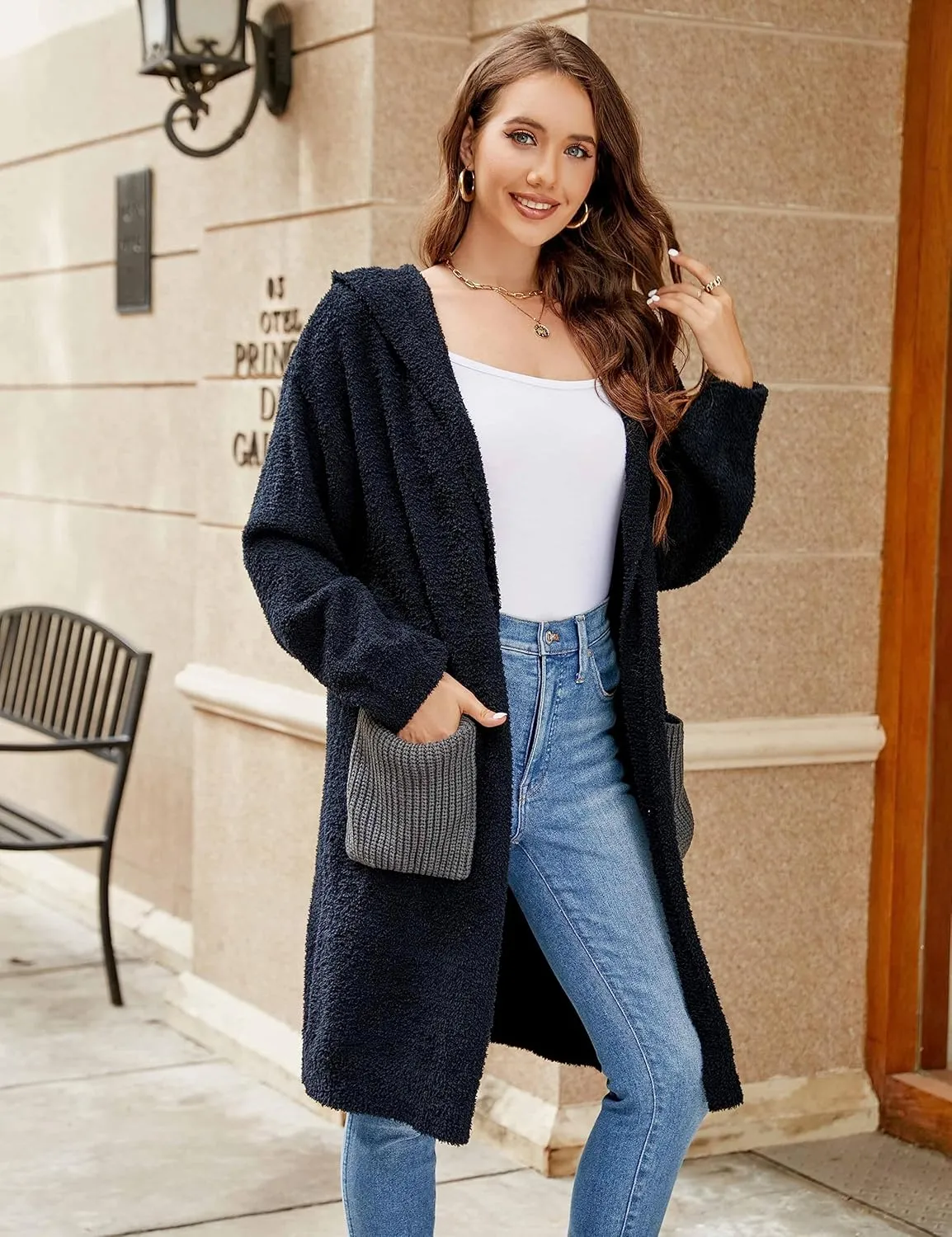 BMJL Womens Fall/Winter Cardigans Hooded Cable Knit Sweaters Oversized Open Front Coats with Pockets 2023