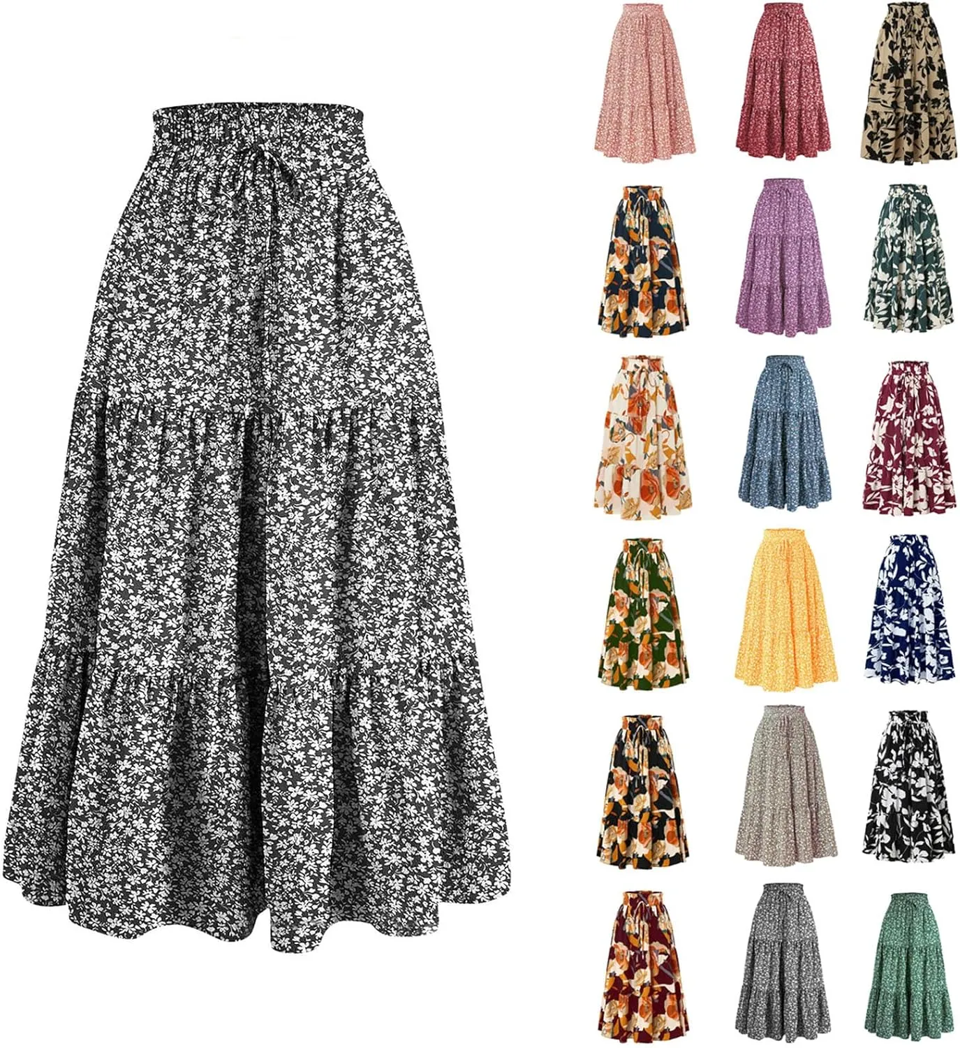 Boho Floral Maxi Skirts for Women Womens A-Line Pleated Long Skirts High Waisted Flowy Summer Dresses