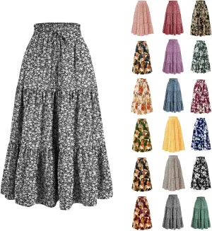 Boho Floral Maxi Skirts for Women Womens A-Line Pleated Long Skirts High Waisted Flowy Summer Dresses
