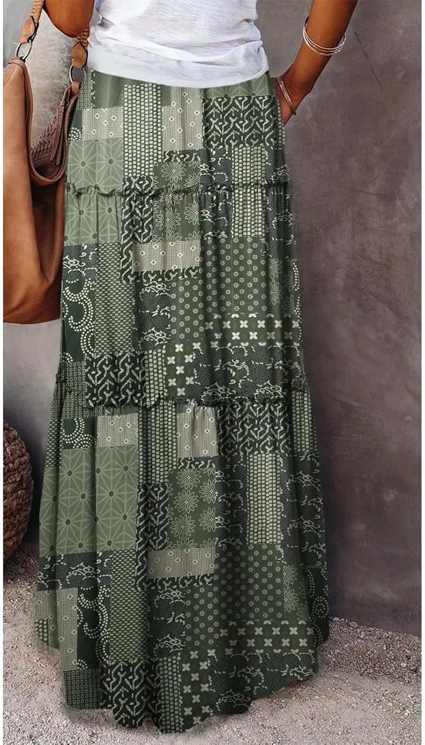 Boho Maxi Skirts for Women Casual High Waisted Tiered A Line Skirt Pleated Ruffle Hem Flowy Long Skirts with Pockets