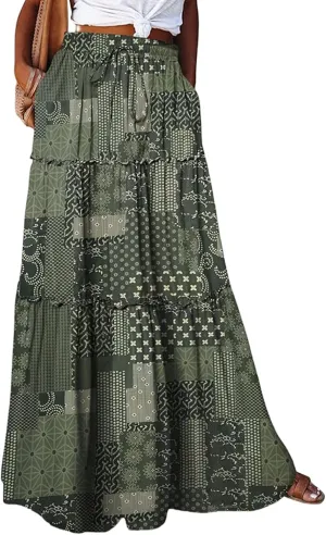 Boho Maxi Skirts for Women Casual High Waisted Tiered A Line Skirt Pleated Ruffle Hem Flowy Long Skirts with Pockets