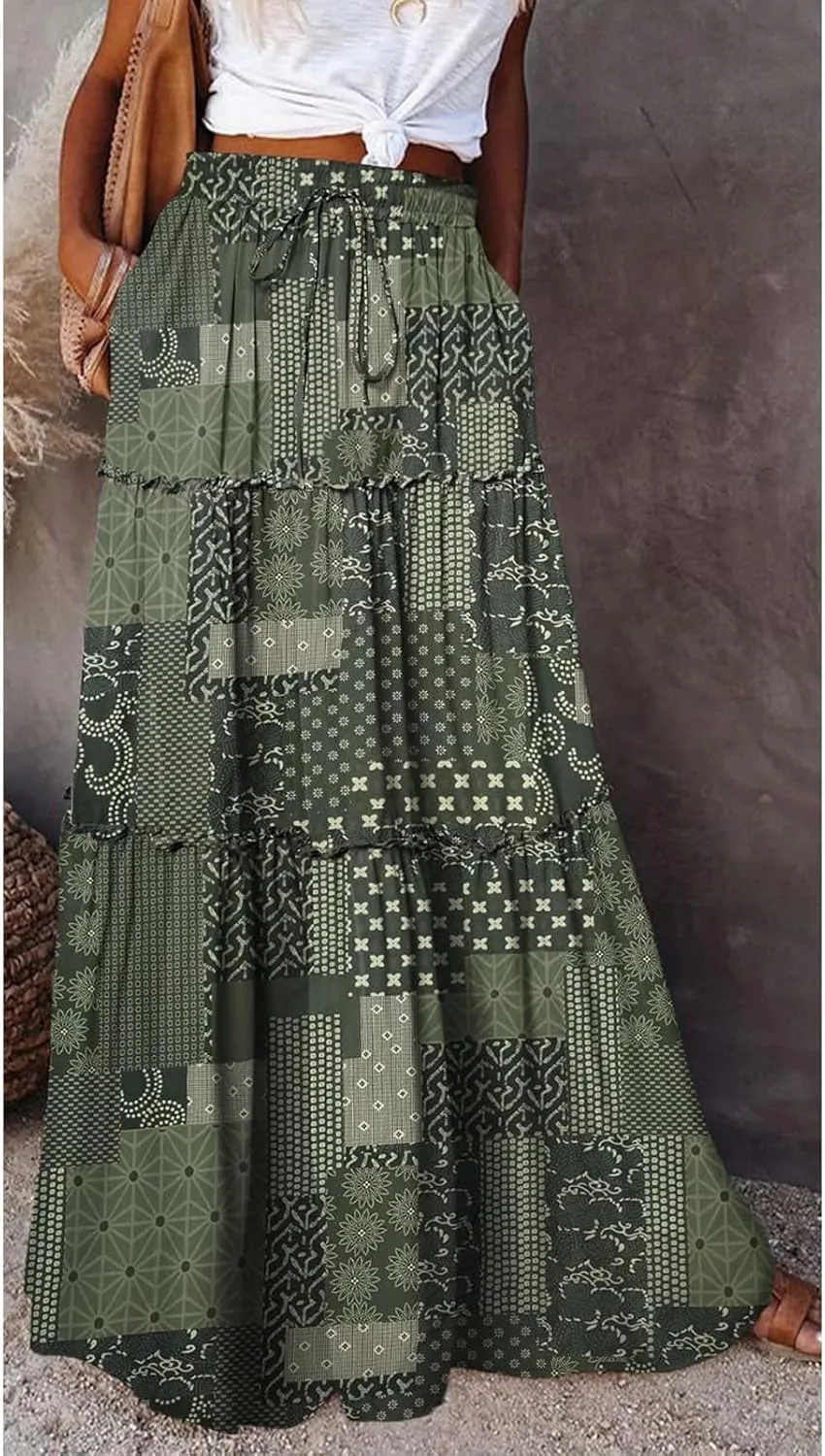 Boho Maxi Skirts for Women Casual High Waisted Tiered A Line Skirt Pleated Ruffle Hem Flowy Long Skirts with Pockets