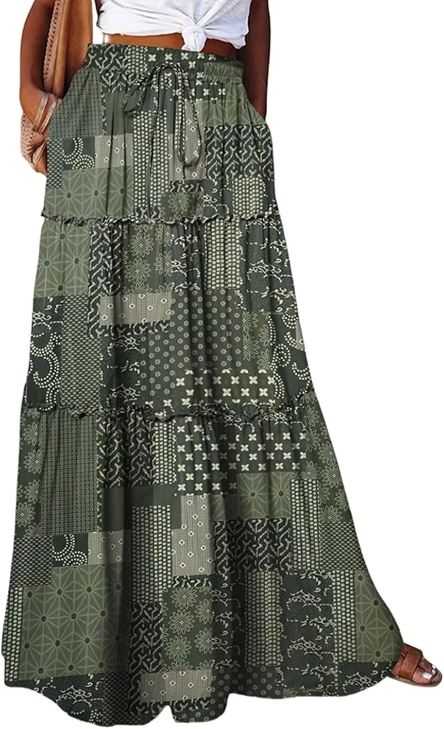 Boho Maxi Skirts for Women Casual High Waisted Tiered A Line Skirt Pleated Ruffle Hem Flowy Long Skirts with Pockets