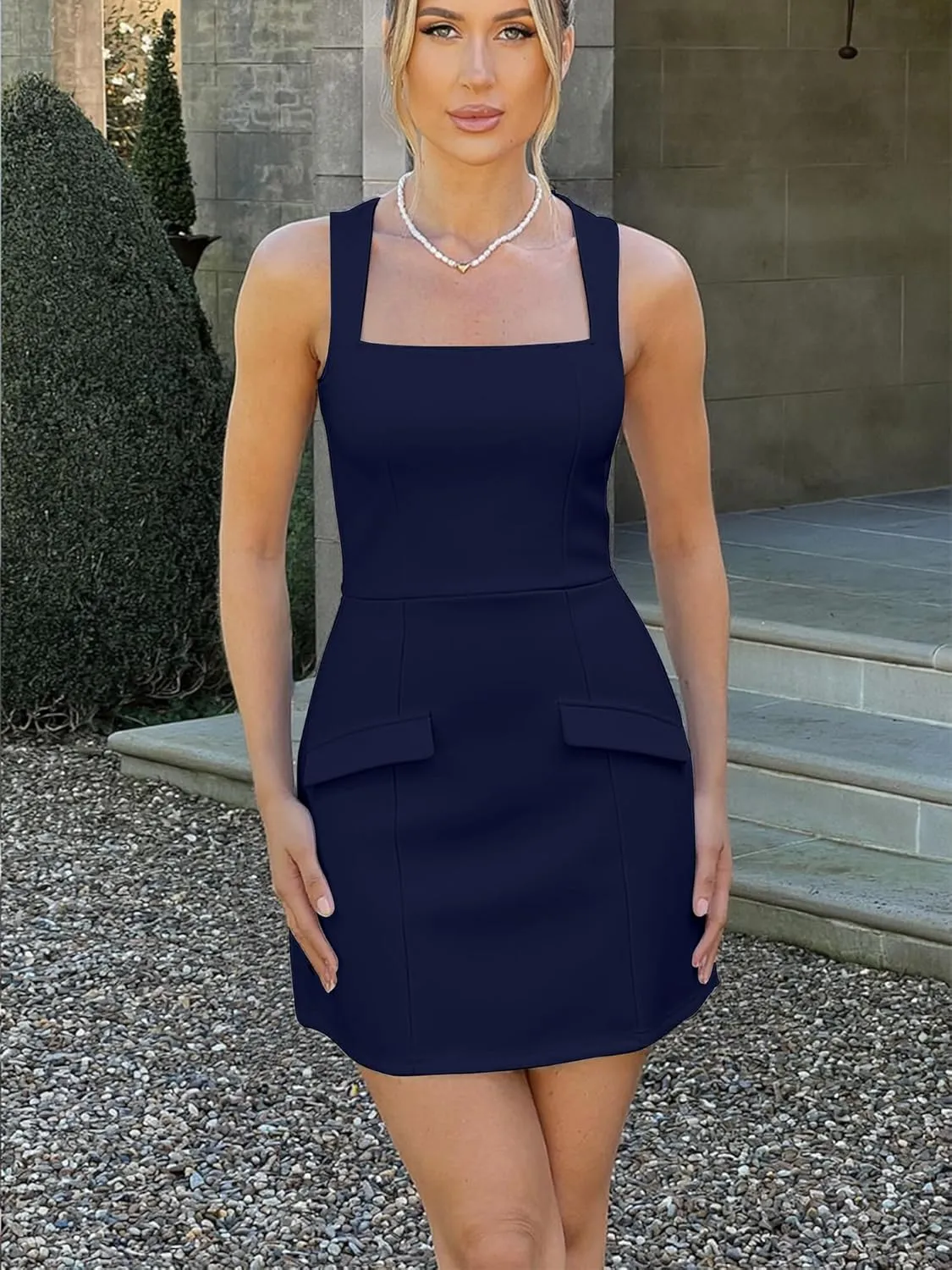 BORIFLORS Women's Sexy Bodycon Corset Mini A Line Dresses Sleeveless Square Neck Party Short Dress