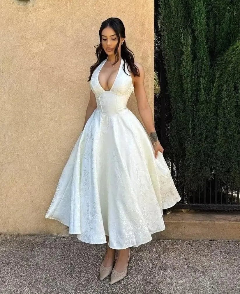 Bow Tea Length Prom Dress for Women Embroidery Satin Evening Party Gown A Line Corset Cocktail Dress
