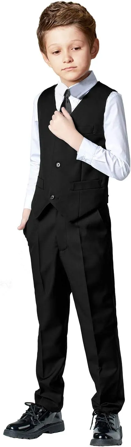 Boys 4 Pieces Suits Slim Fit Kids Outfits Vest Pants Sets Black Blue Formal Dresswear for Boy