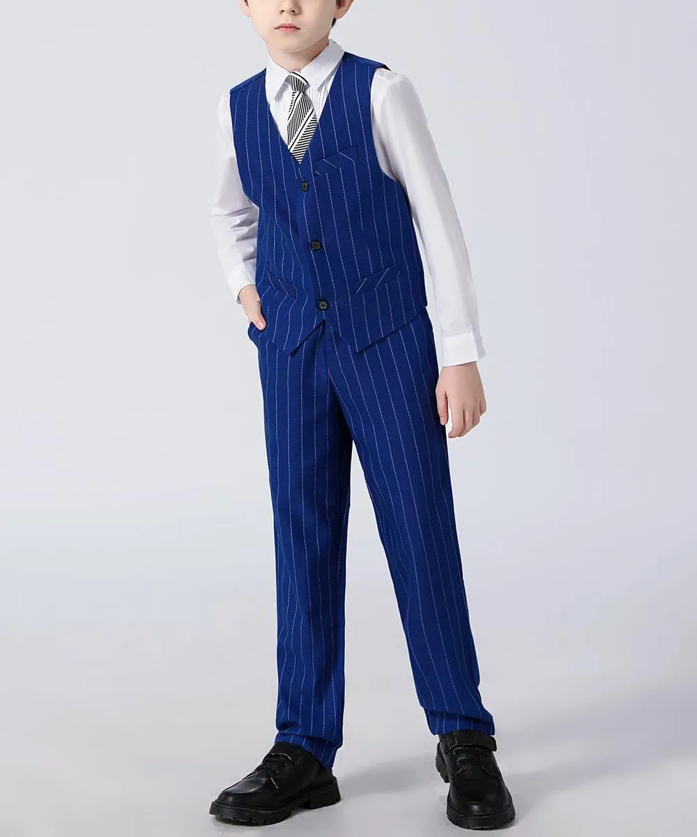Boys 4 Pieces Suits Slim Fit Kids Outfits Vest Pants Sets Black Blue Formal Dresswear for Boy