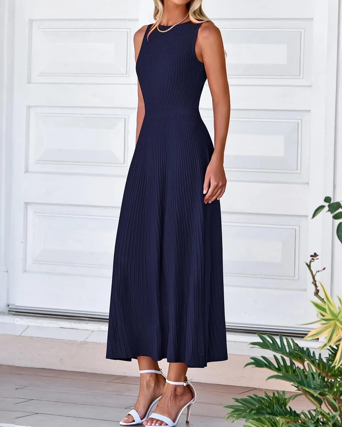 BTFBM Women's Midi Bodycon Tank Dress Summer Crewneck Rib Knit Sleeveless Pleated Swing A Line Business Casual Dresses