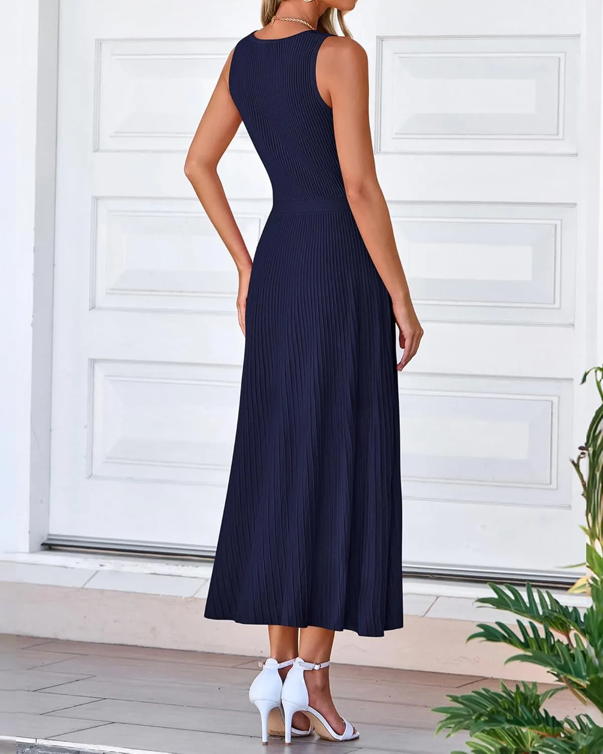 BTFBM Women's Midi Bodycon Tank Dress Summer Crewneck Rib Knit Sleeveless Pleated Swing A Line Business Casual Dresses
