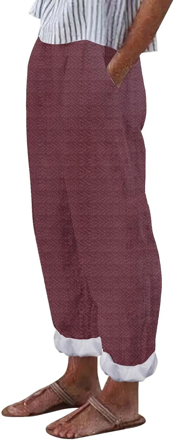 Capri Pants for Women Cotton Linen Elastic High Waisted Straight Leg Lounge Pants Casual Loose Summer Trousers