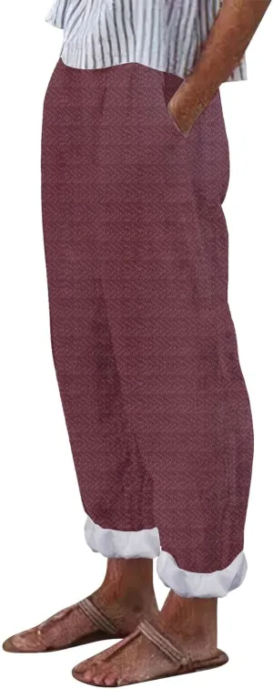 Capri Pants for Women Cotton Linen Elastic High Waisted Straight Leg Lounge Pants Casual Loose Summer Trousers