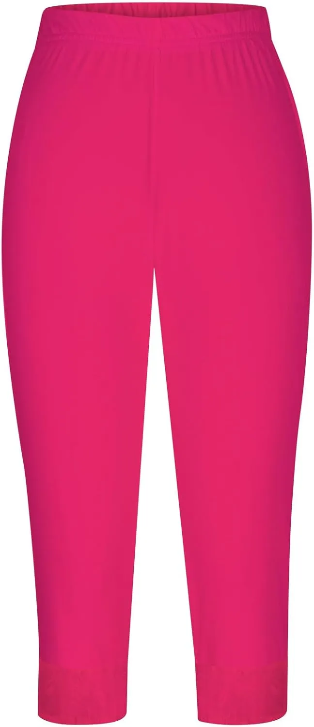 Capri Yoga Pants for Women Lace Trim 3/4 Length Cropped Leggings High Waist Stretch Workout Lounge Tights