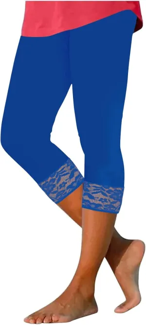 Capri Yoga Pants for Women Lace Trim 3/4 Length Cropped Leggings High Waist Stretch Workout Lounge Tights