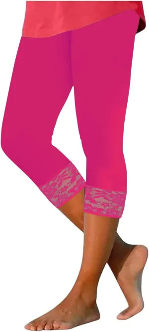 Capri Yoga Pants for Women Lace Trim 3/4 Length Cropped Leggings High Waist Stretch Workout Lounge Tights