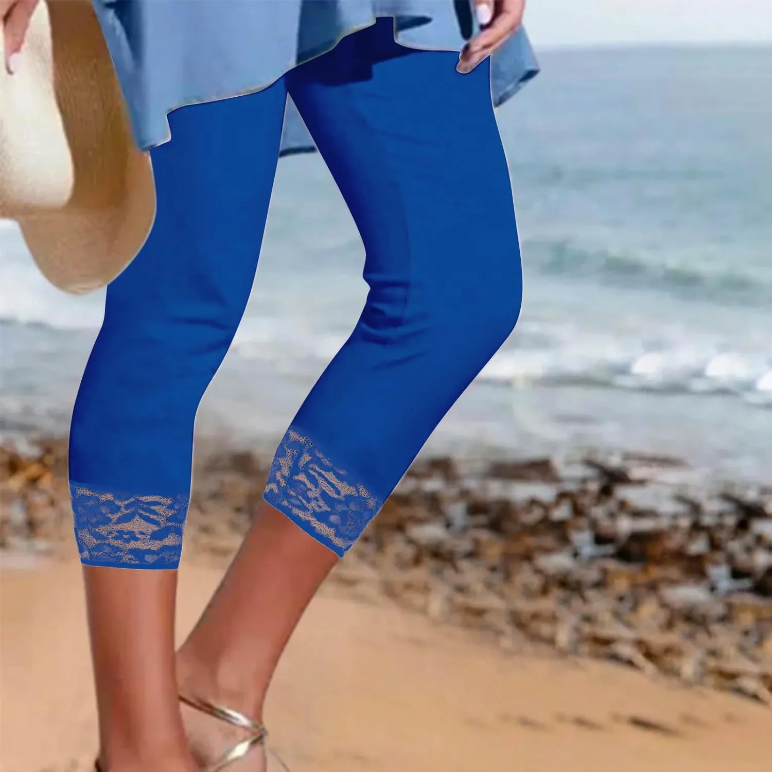 Capri Yoga Pants for Women Lace Trim 3/4 Length Cropped Leggings High Waist Stretch Workout Lounge Tights