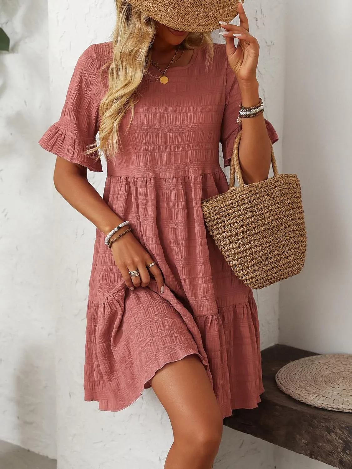 CASURESS Womens Summer Dress Ruffle Sleeve Smocked Crew Neck Midi Dresses Casual Flowy Tiered Swing Boho Beach Sundress