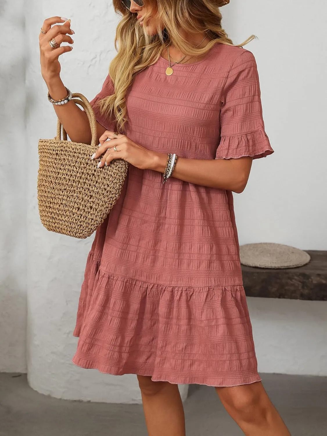 CASURESS Womens Summer Dress Ruffle Sleeve Smocked Crew Neck Midi Dresses Casual Flowy Tiered Swing Boho Beach Sundress