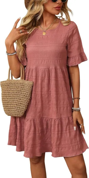 CASURESS Womens Summer Dress Ruffle Sleeve Smocked Crew Neck Midi Dresses Casual Flowy Tiered Swing Boho Beach Sundress